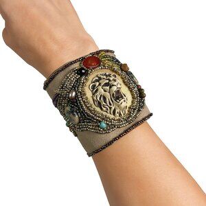 Beaded Statement Cuff with Vintage Lion Detail – Handmade Textile Bracelet